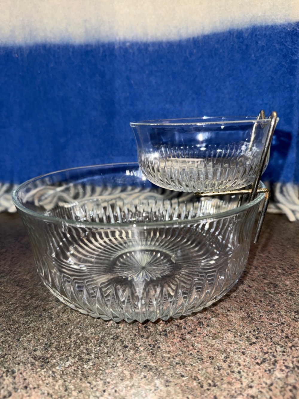 Vintage 3 pc Clear Glass Two-Tier Serving Bowl with Attaché Dip Dish starburst
